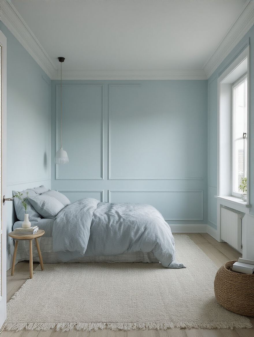 Small bedroom painted in light blue and soft gray hues with satin finish walls and ceiling creating a spacious and airy atmosphere