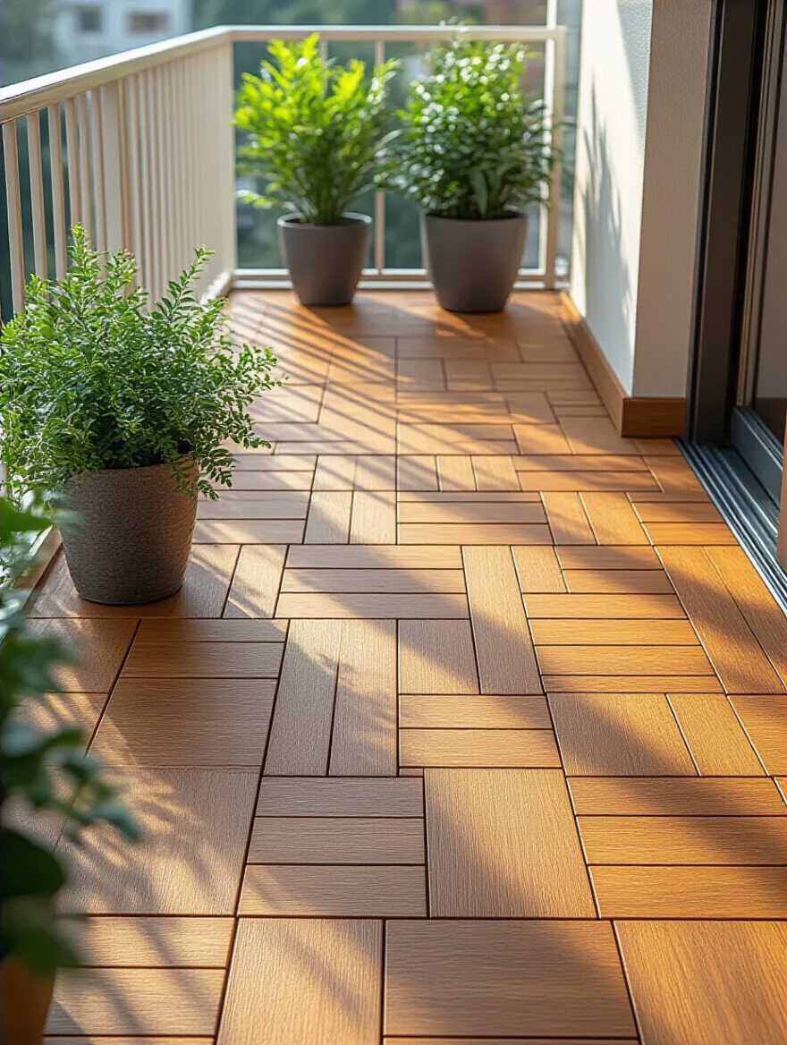 Close-up portrait view of a balcony floor with interlocking wood composite tiles installed, showing the click-lock pattern and natural wood texture under soft daylight.