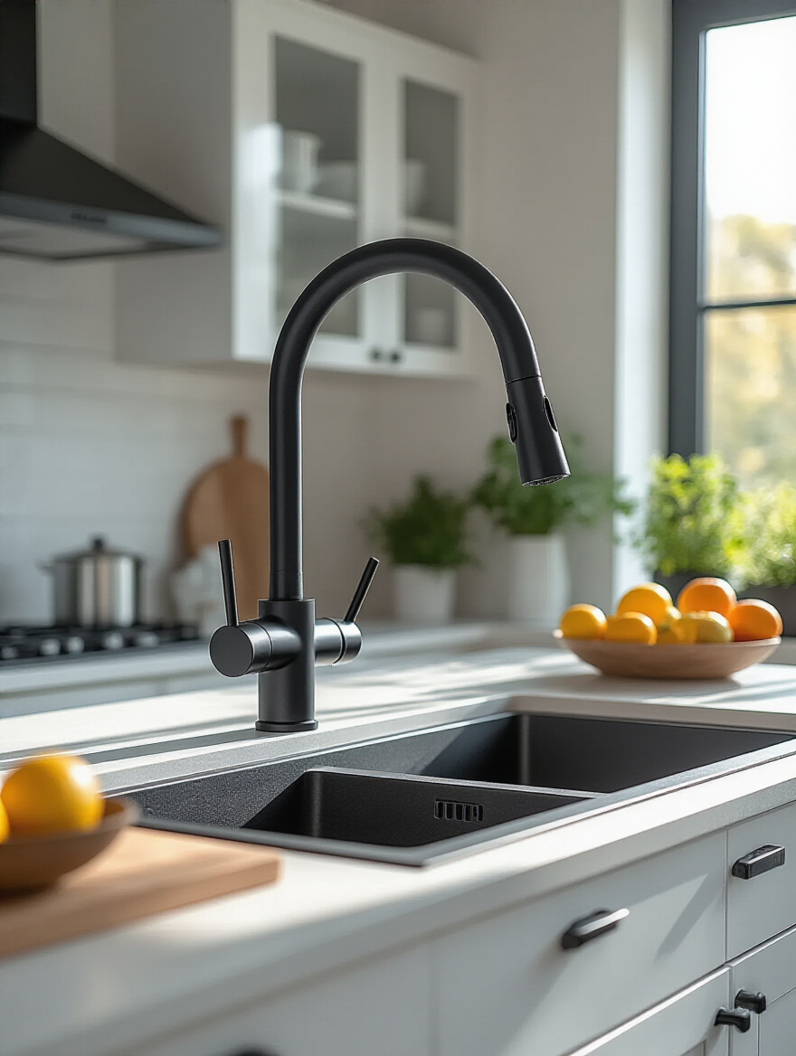Modern kitchen sink with a matte black pull-down faucet and stylish countertop decor