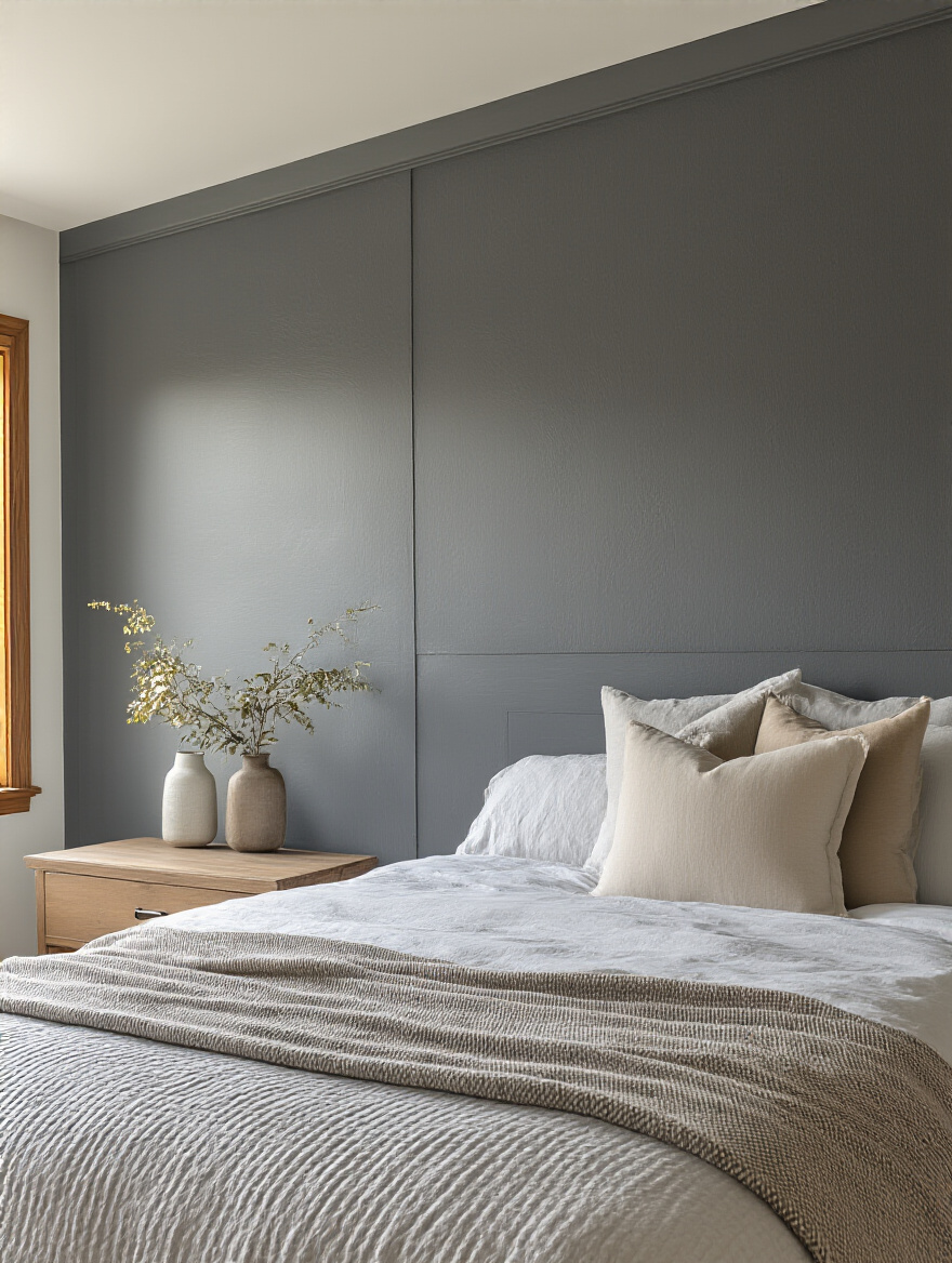 Modern bedroom with painted faux headboard in charcoal grey rectangle behind queen bed, showcasing stylish bedroom paint scheme
