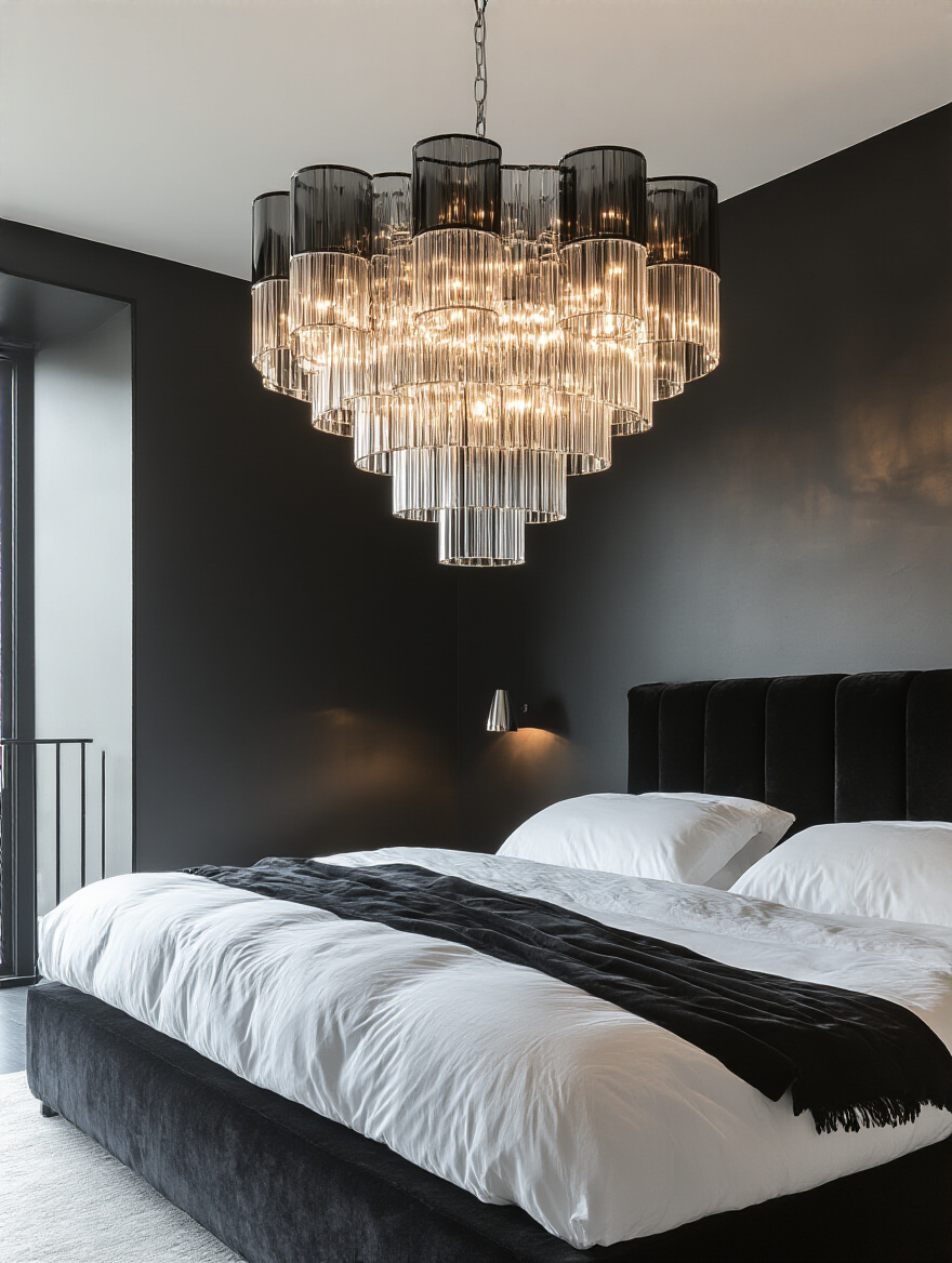 Sophisticated black bedroom with a large sculptural statement chandelier lighting fixture as artistic centerpiece