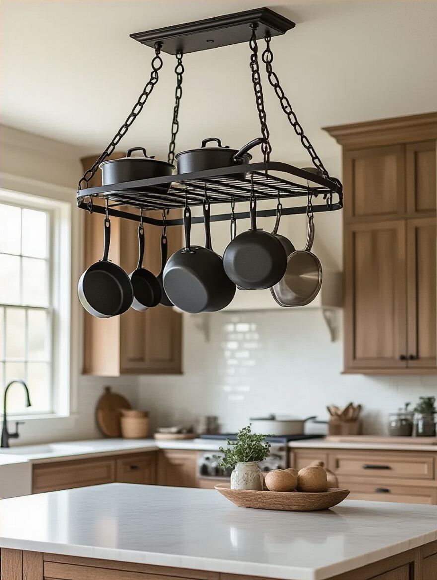 Stylish kitchen with a ceiling-mounted pot rack showcasing pots and pans.