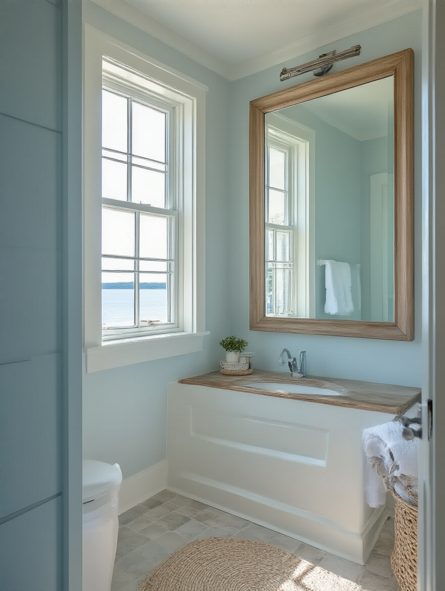 Bright coastal bathroom with a large frameless mirror reflecting light and creating an illusion of spaciousness.