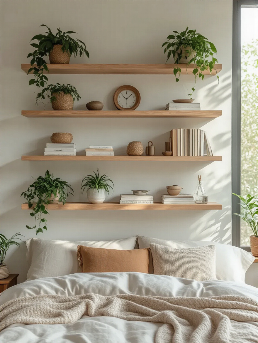A beautifully styled bedroom wall featuring floating shelves with decorative items.