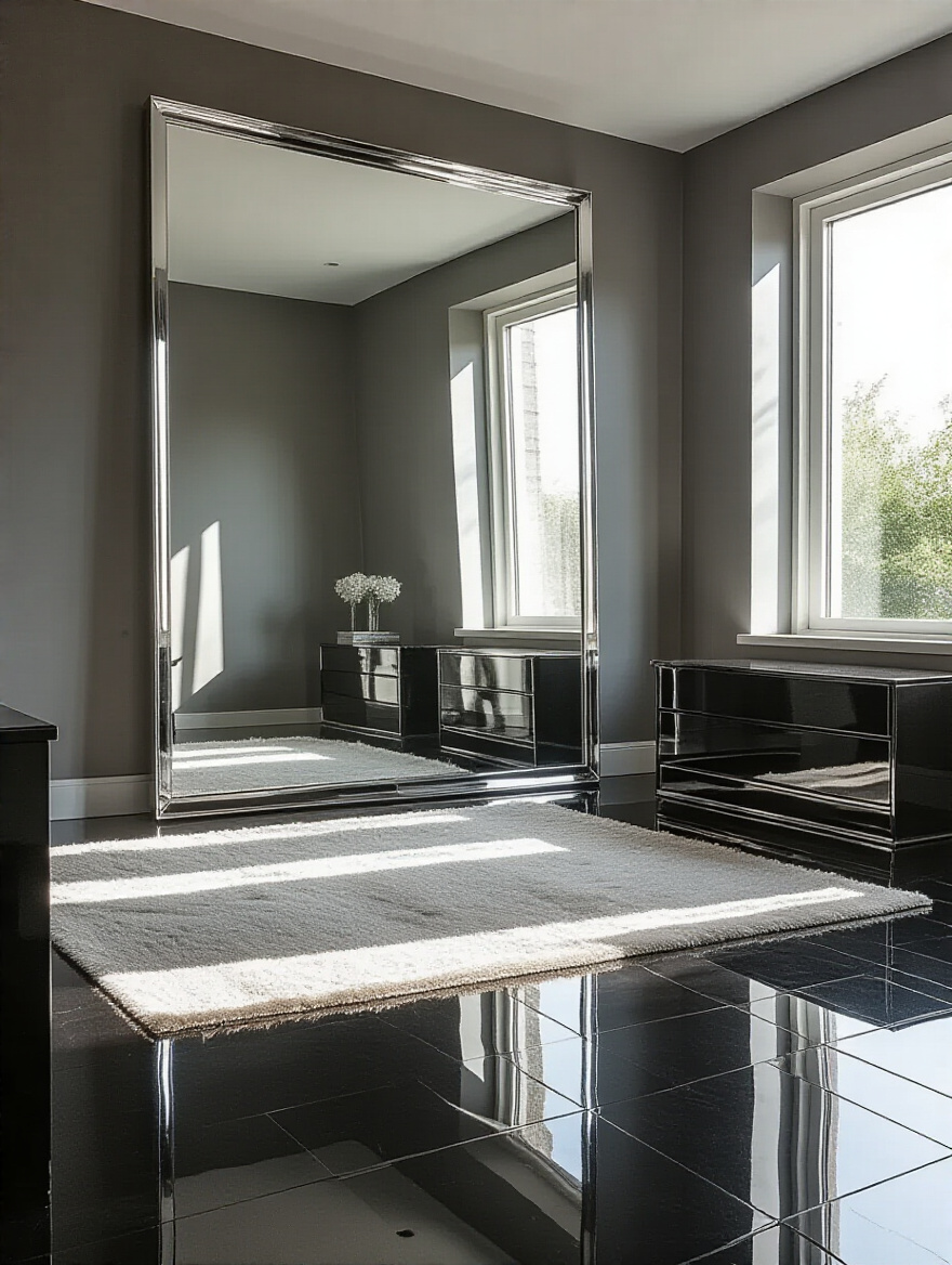 Black bedroom interior with large mirror, high-gloss furniture, and polished flooring reflecting natural light to create expanded visual space