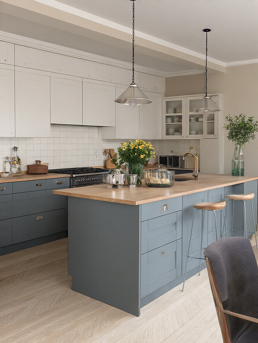 Modern kitchen toe-kick drawer open revealing hidden storage for baking sheets and cutting boards