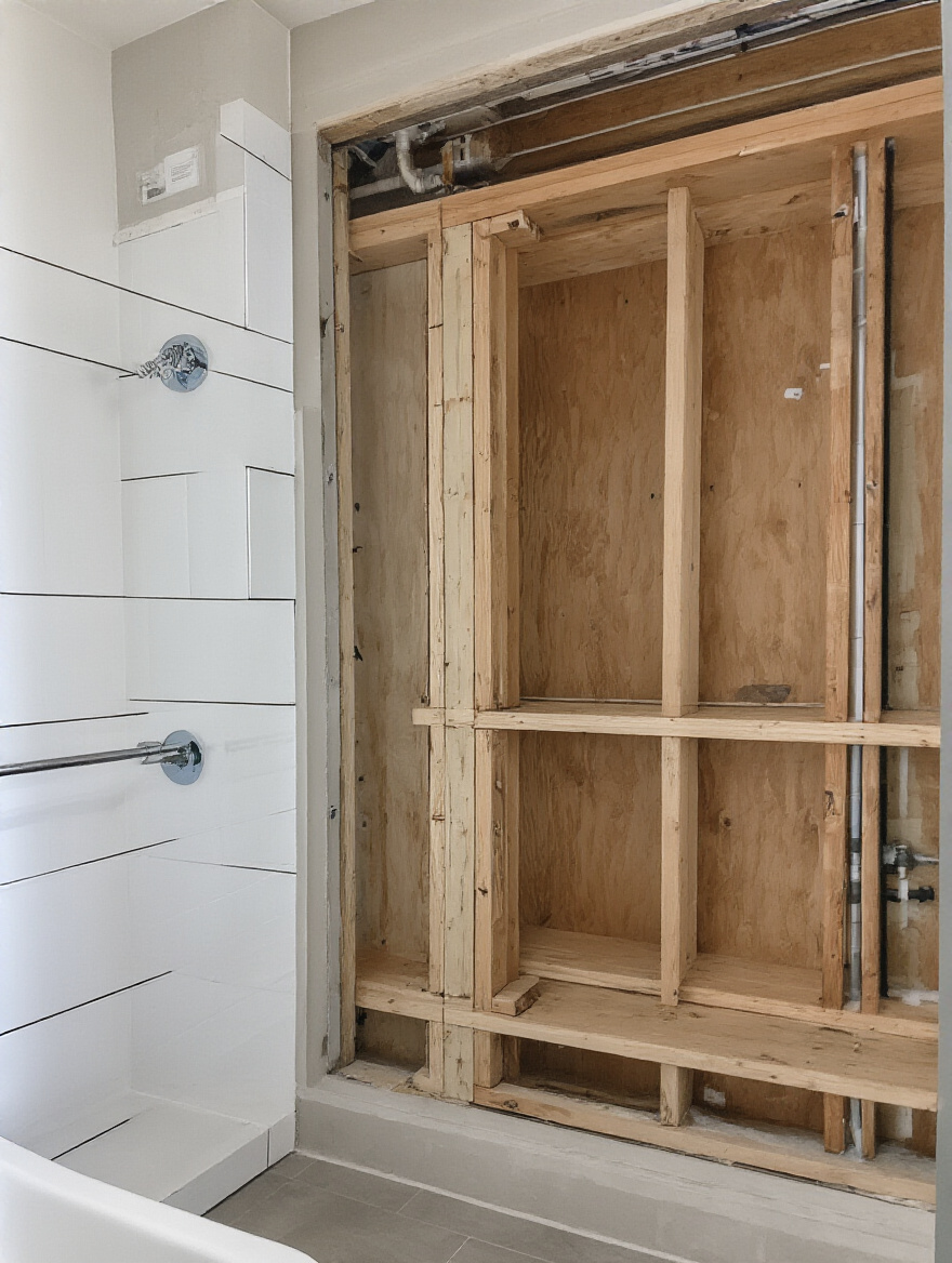 Exposed bathroom wall framing with horizontal blocking for wall-hung vanity structural support