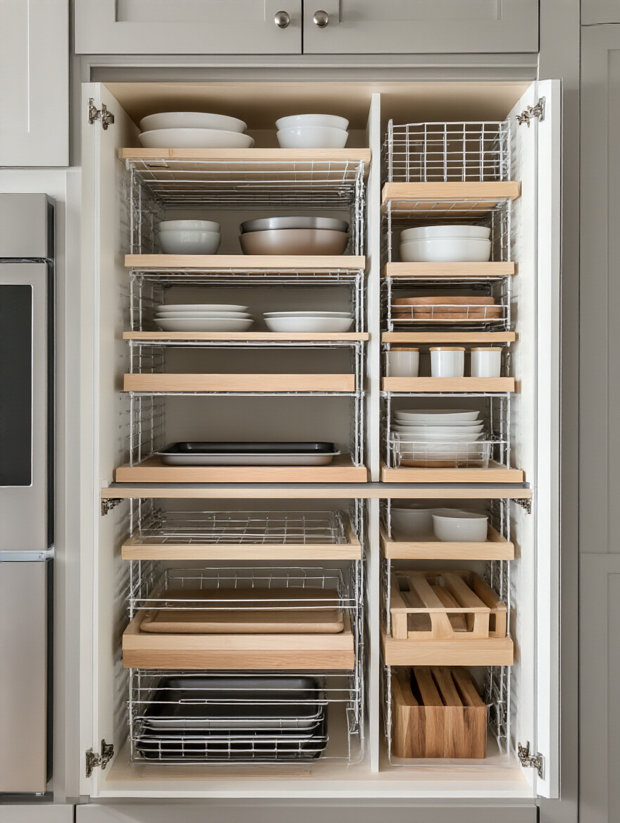 Open kitchen cabinet with vertical pan storage using in-cabinet dividers neatly organizing baking sheets and cutting boards upright