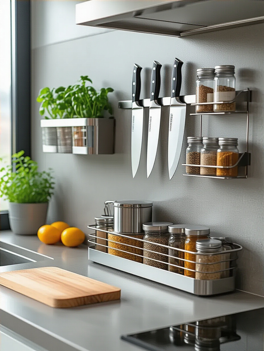 Modern kitchen wall with magnetic knife strip and wall-mounted spice caddy neatly organizing knives and spices