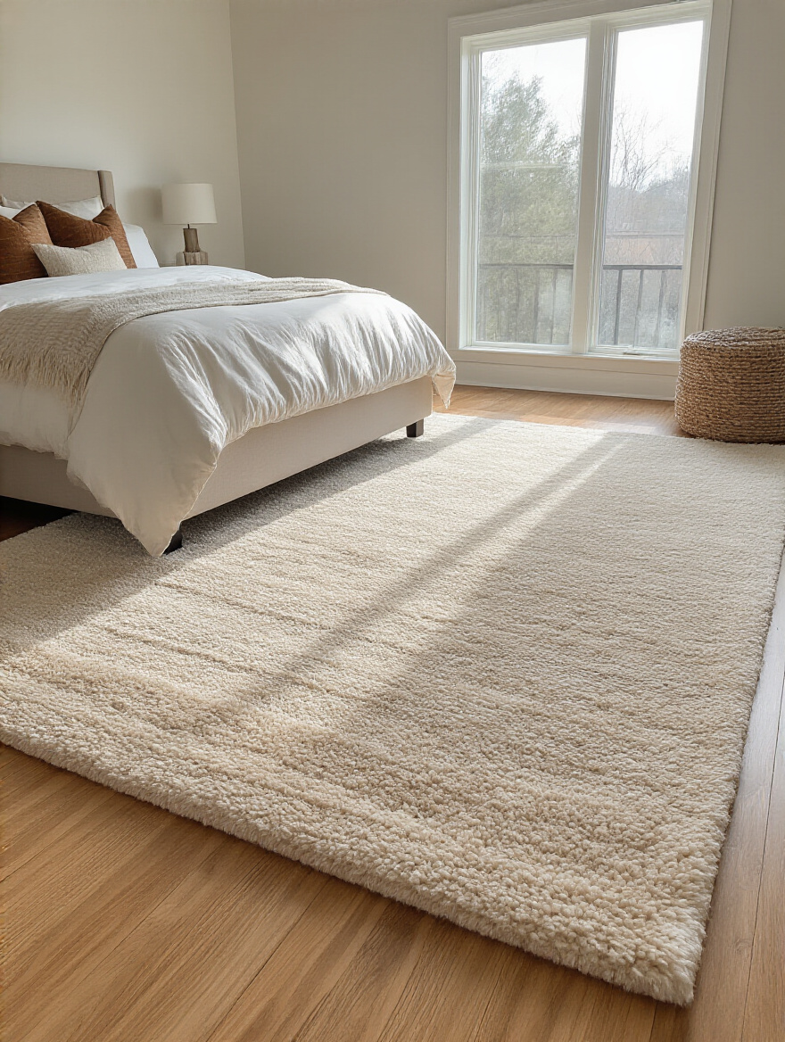 Cozy modern bedroom with king-sized bed and large plush area rug extending beyond bed edges, hardwood floors, natural warm lighting