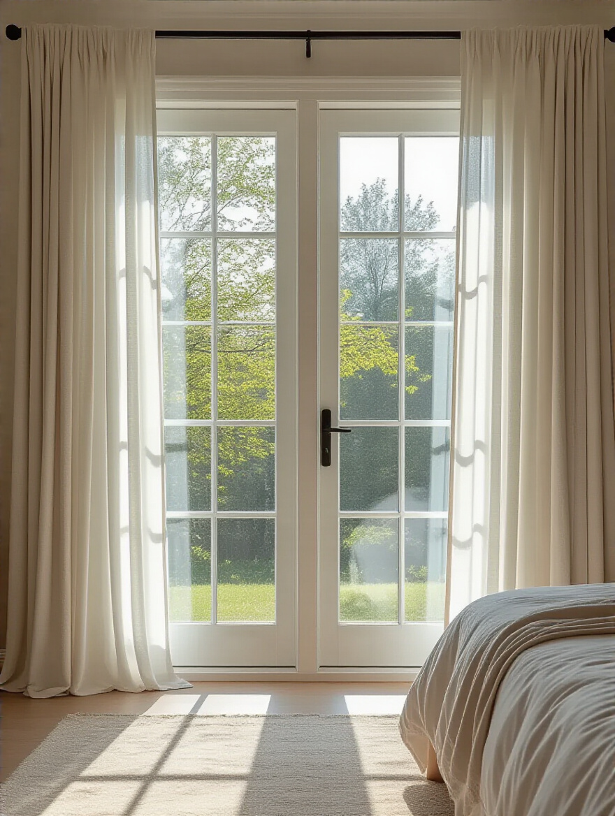 Modern bedroom window featuring layered window treatments with sheer curtains and blackout drapes under soft natural light