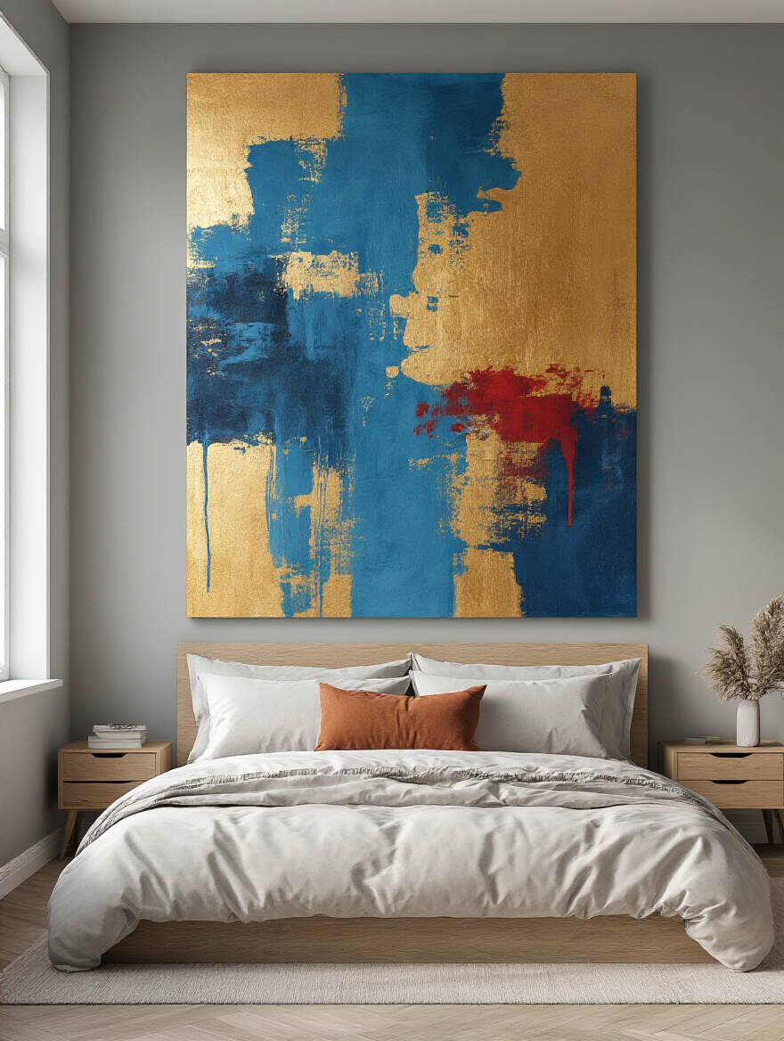 Modern bedroom with large vibrant abstract wall art above the bed serving as a striking focal point