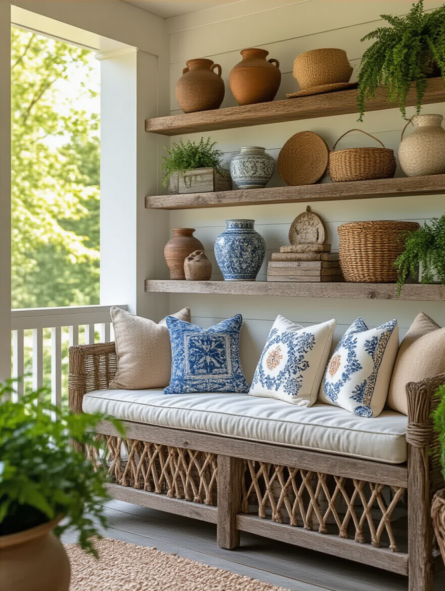Back porch decorated with personalized decorative accents including pottery, travel souvenirs, and cushions in a cozy corner