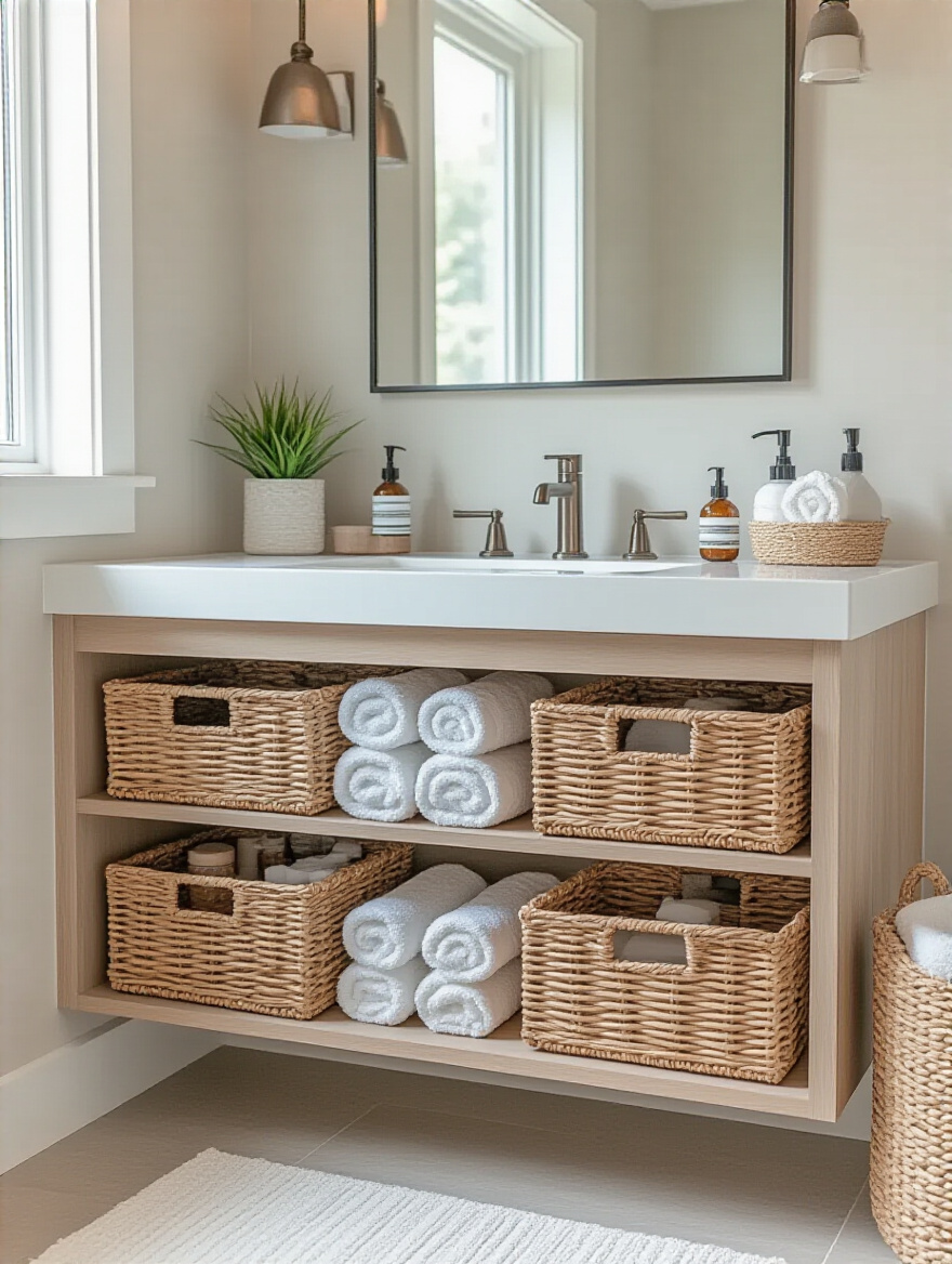 Decorative baskets neatly arranged beneath an open floating bathroom vanity for soft storage in a small bathroom