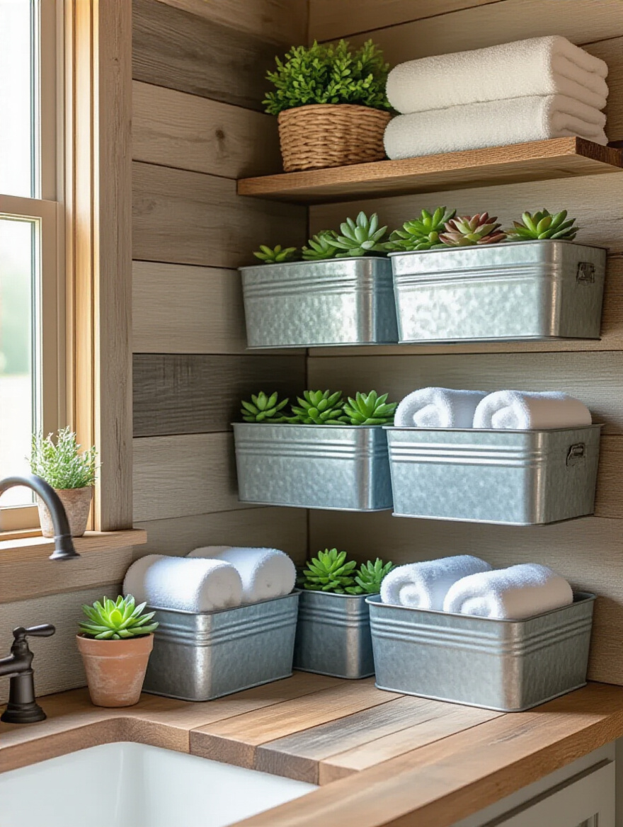 Farmhouse bathroom corner with galvanized metal organizers, rolled towels, and rustic shiplap walls