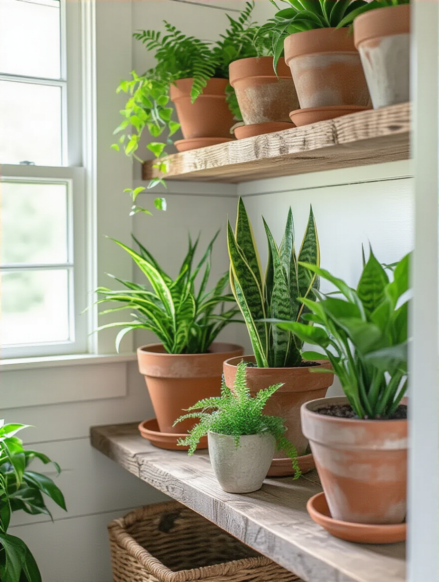 Cozy farmhouse bathroom corner featuring potted faux and live green plants in rustic terracotta pots on wooden shelves with natural light