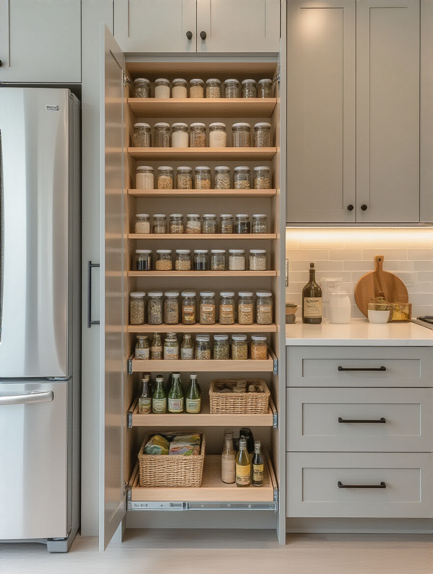 Vertical kitchen with a slim pantry pull-out extended beside a refrigerator, storing spices and oils.
