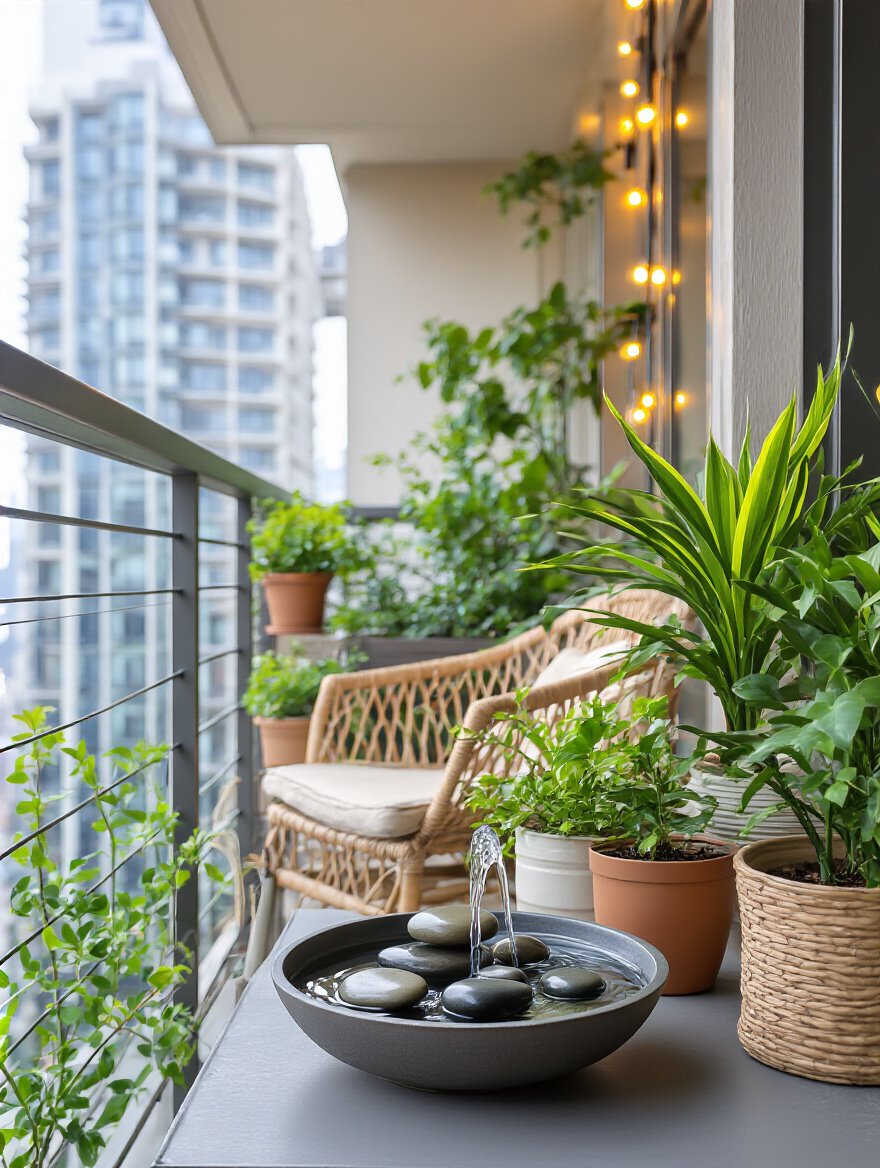 Vertical shot of a balcony with a compact water fountain, greenery, and a cozy seating nook with warm lighting.