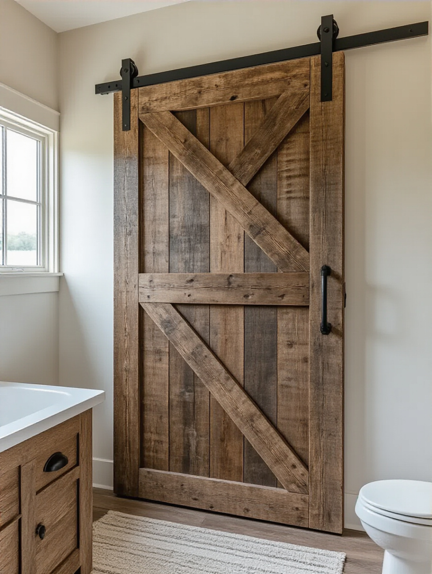 Rustic rolling barn door in a farmhouse bathroom on black metal track with warm natural and ambient lighting