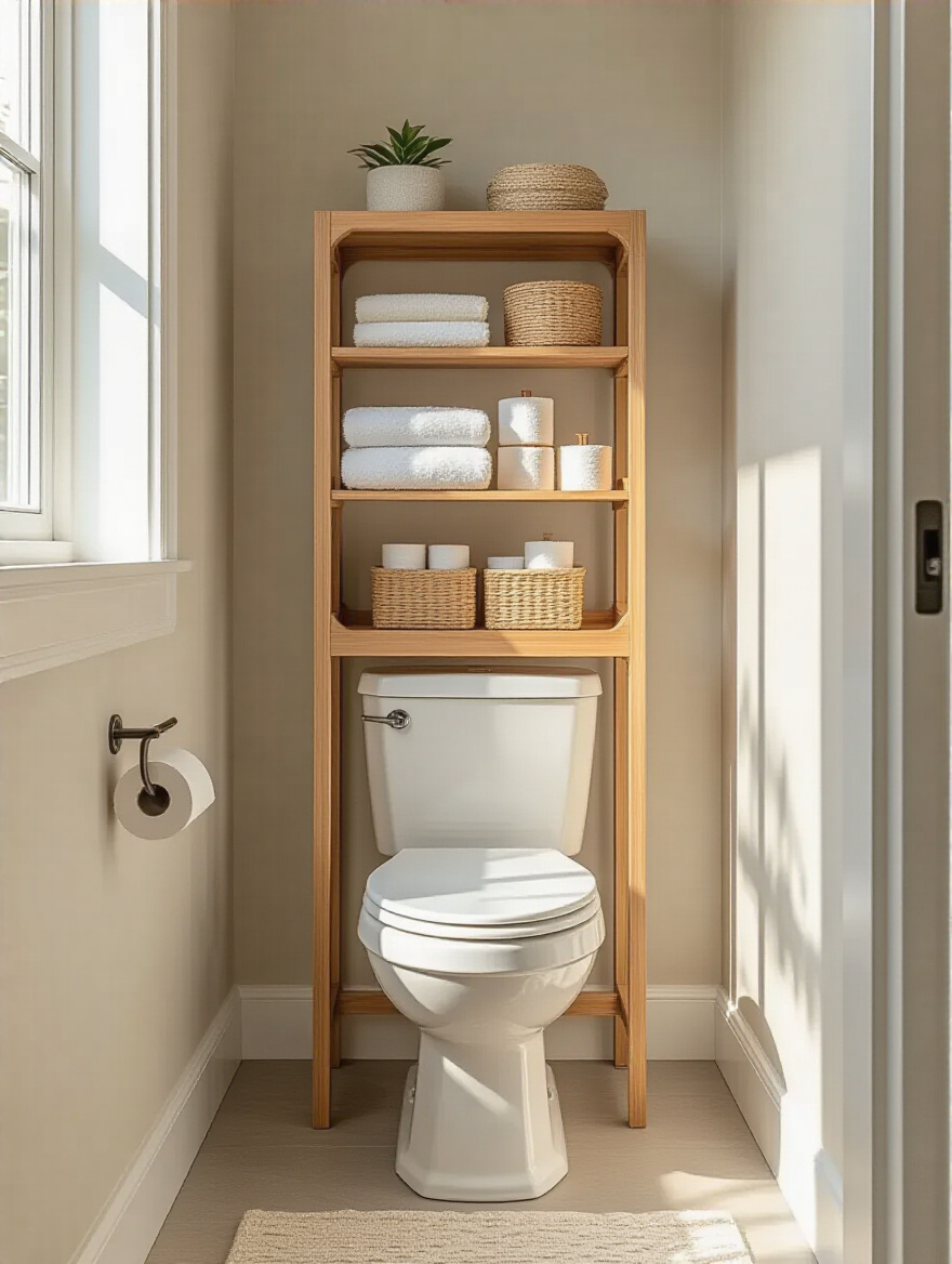 Small modern bathroom with a bamboo toilet-topper storage unit above the toilet showcasing organized shelves with towels and toiletries.