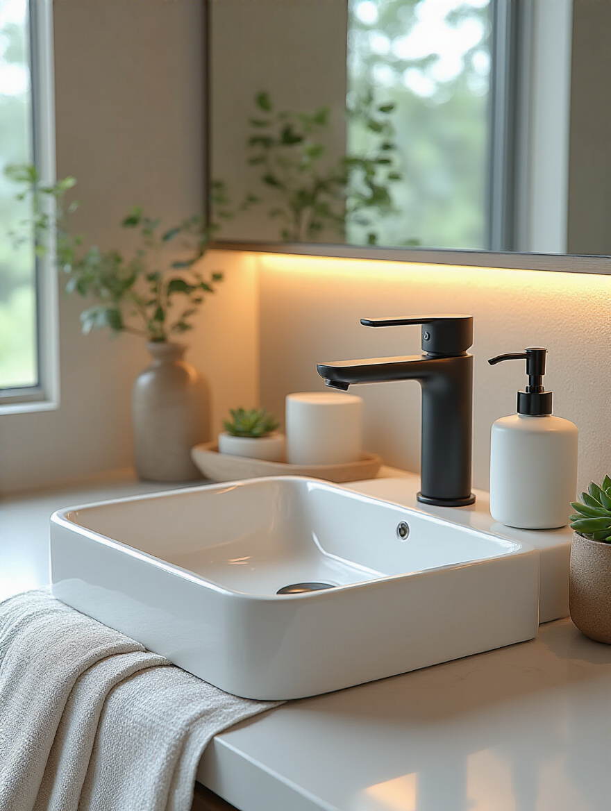 Vertical image of a modern bathroom vanity with a built-in soap dispenser, matching faucet, and quartz countertop in a clean, spa-like setting