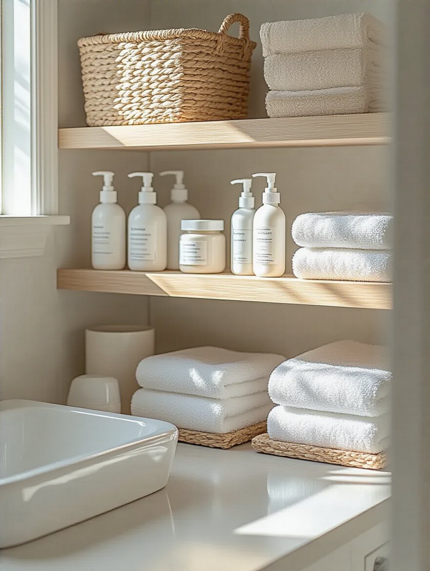 Clutter-free small bathroom storage area with neatly arranged toiletries and clear countertop under soft natural lighting