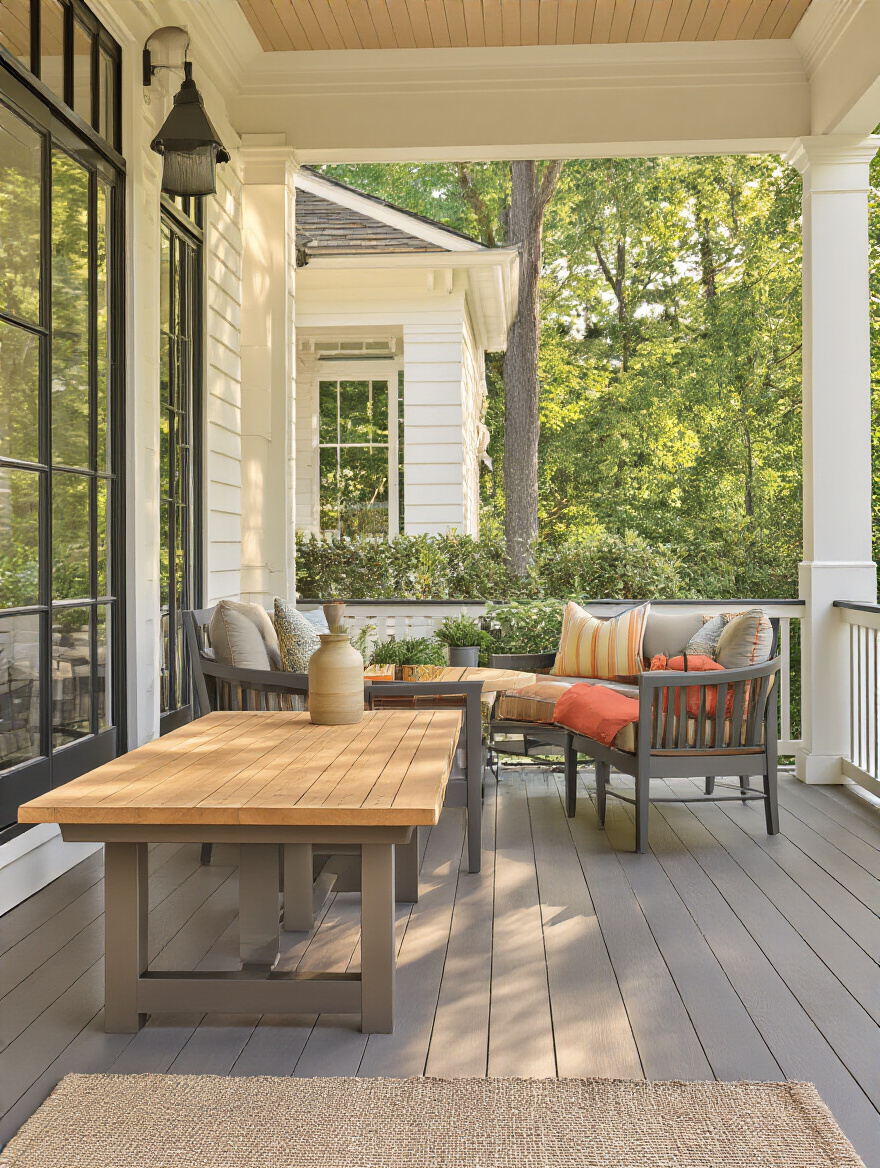 High-quality durable outdoor back porch furniture made from weather-resistant materials in a well-lit professional portrait photo