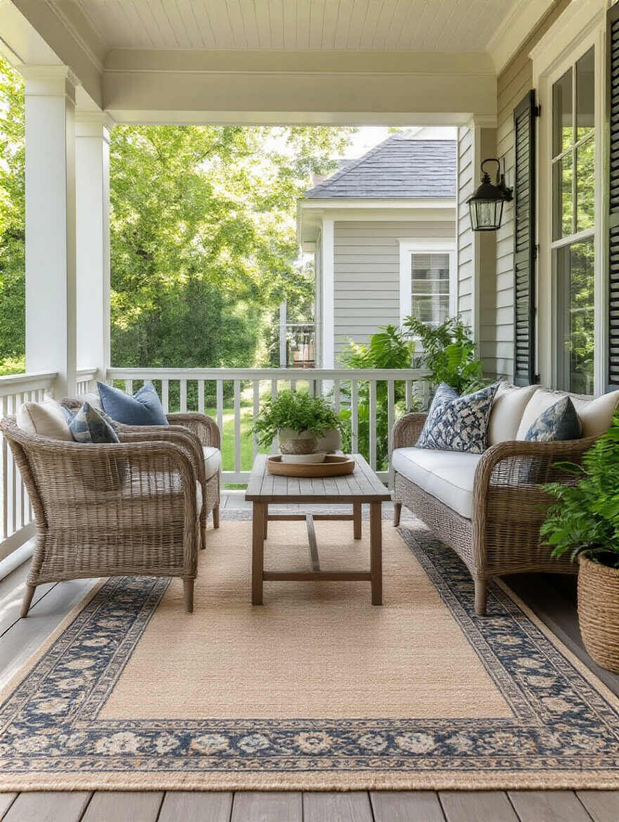Back porch with a proportionate outdoor rug anchoring sofa and chairs in a cozy outdoor living space