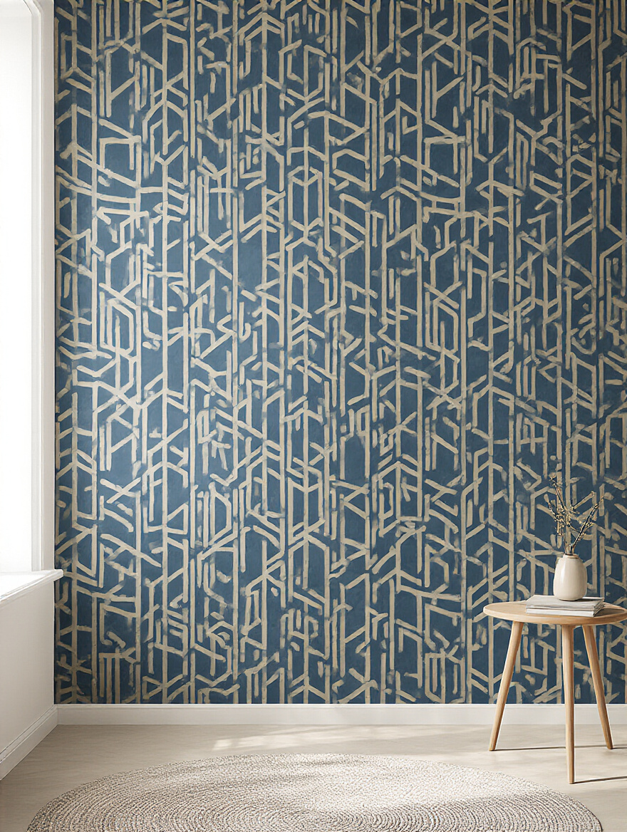 Modern living room accent wall with dark blue geometric removable wallpaper, bright natural light highlighting pattern and texture