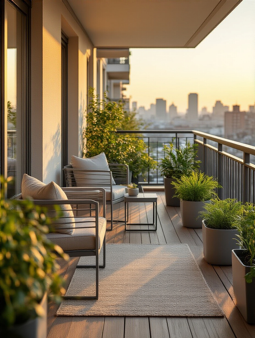 Vertical balcony scene with furniture and planters in warm light, no people