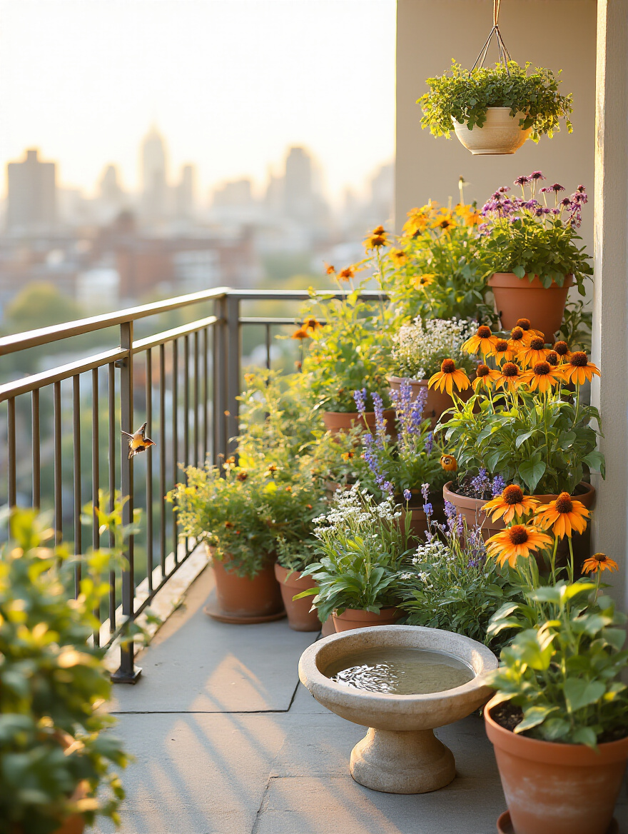 Vertical balcony garden with bird feeders, butterfly-friendly flowering plants, and a shallow birdbath on a sunlit urban balcony