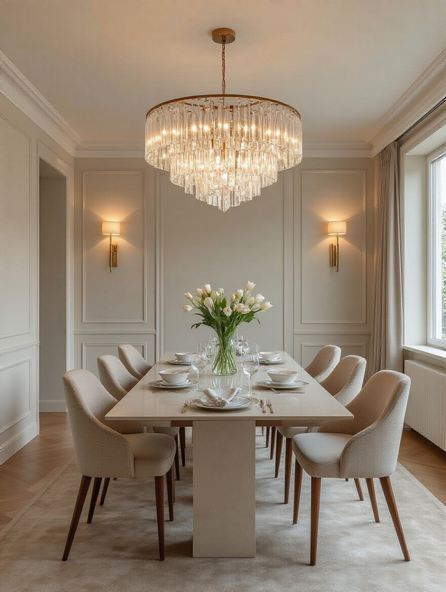 Centered chandelier over a long dining table with layered lighting and warm ambiance