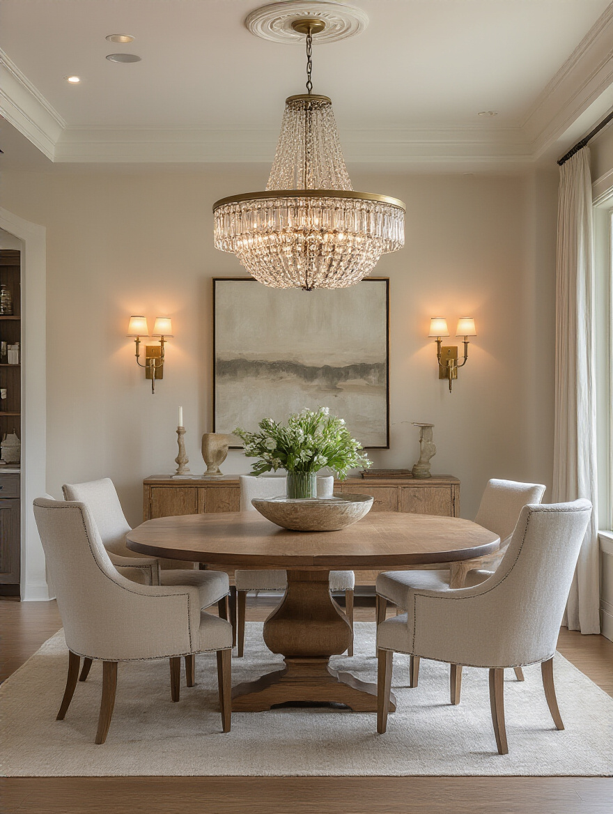 Dining room showing layered lighting with chandelier, recessed can lights, and wall sconces for visual harmony
