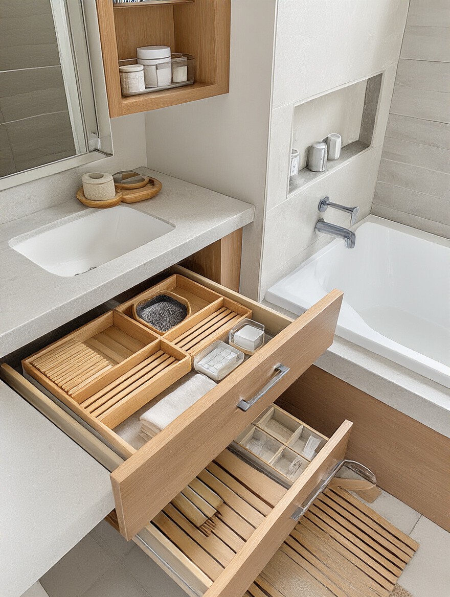 Vertical photo of a modern bathroom sink area with integrated storage: open vanity drawer with organizers, recessed medicine cabinet, and a clear stone countertop.