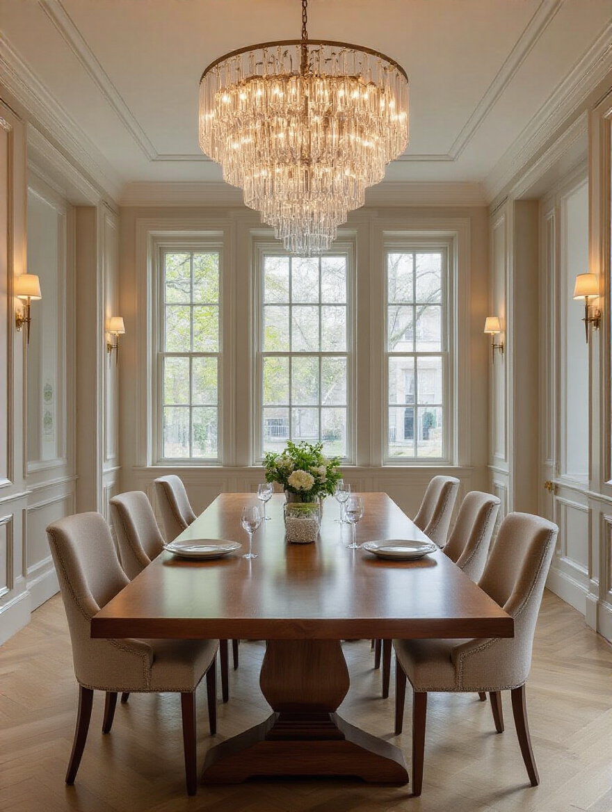 Vertical dining room portrait showing layered lighting and balanced brightness, no people.