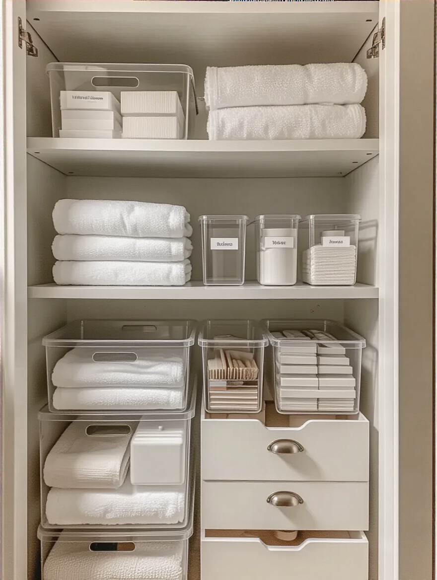 Organized small bathroom storage with categorized clear bins and labeled drawer dividers for quick access