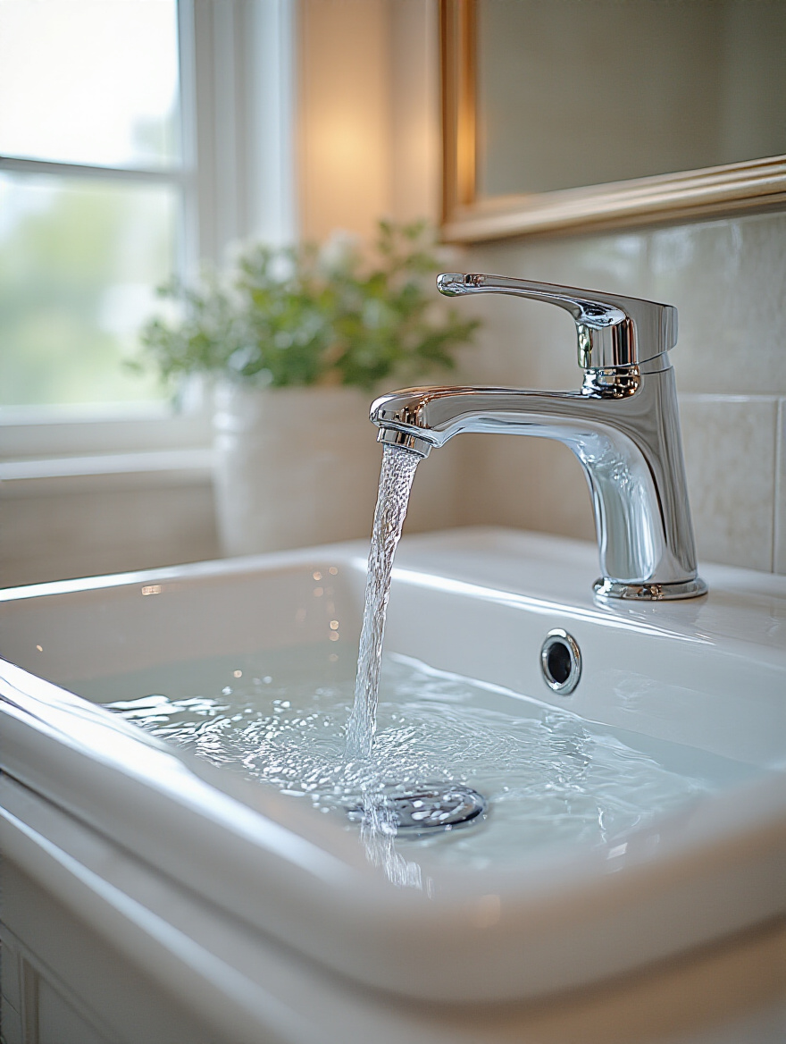 Vertical photo of a bathroom faucet pouring a steady stream into a white sink, aerator visible, minimal splash, soft natural light