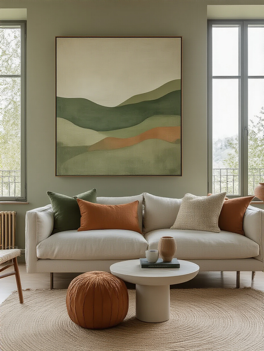 Living room wall decorated with personalized art pieces that match the room's color palette