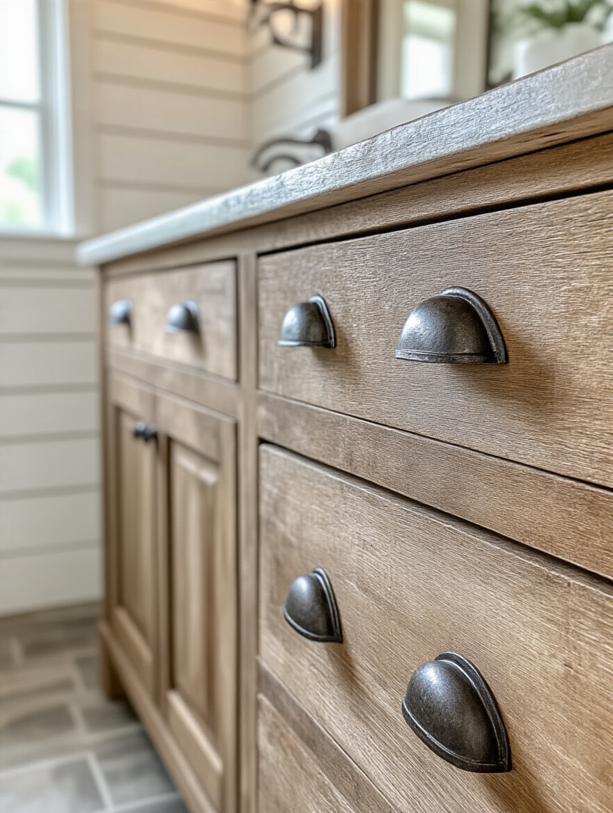 Farmhouse bathroom vanity with cabinet pulls in distressed iron and galvanized finish showcasing rustic hardware details