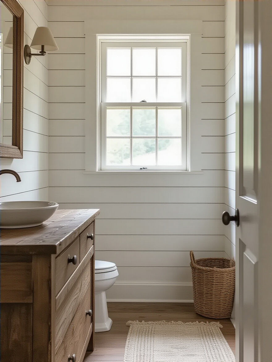Cozy farmhouse bathroom with classic white shiplap paneling walls, wooden vanity, and rustic decor