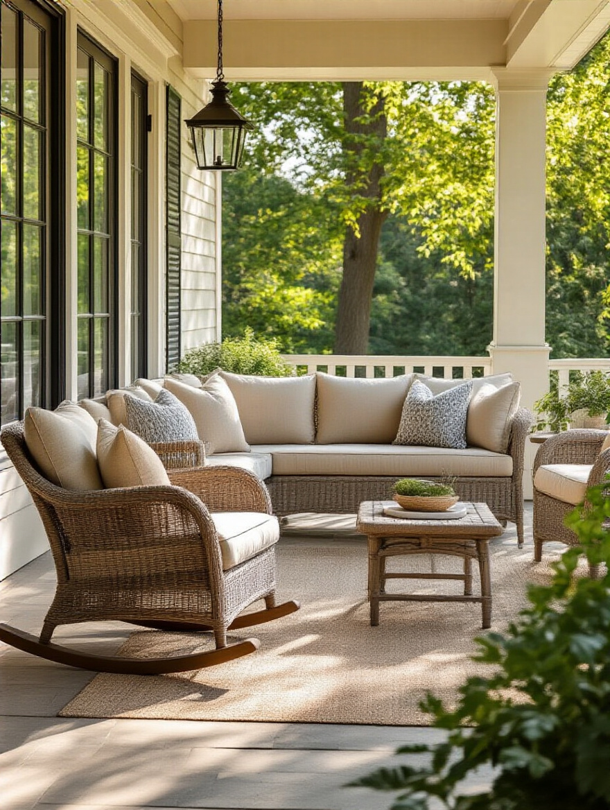 Back porch with comfortable ergonomic seating including cushioned sofa and rocking chair in natural sunlight