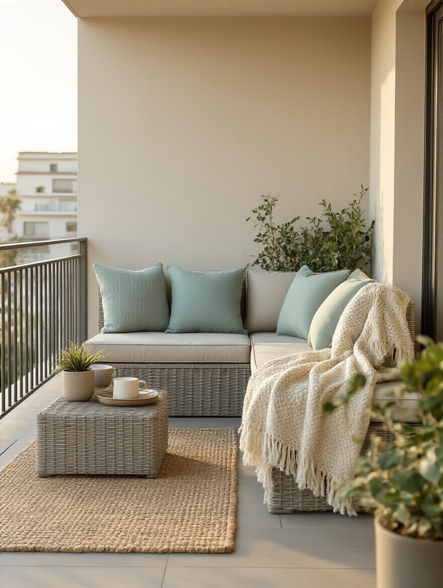 Vertical balcony seating with weatherproof cushions and throws, close-up fabric texture