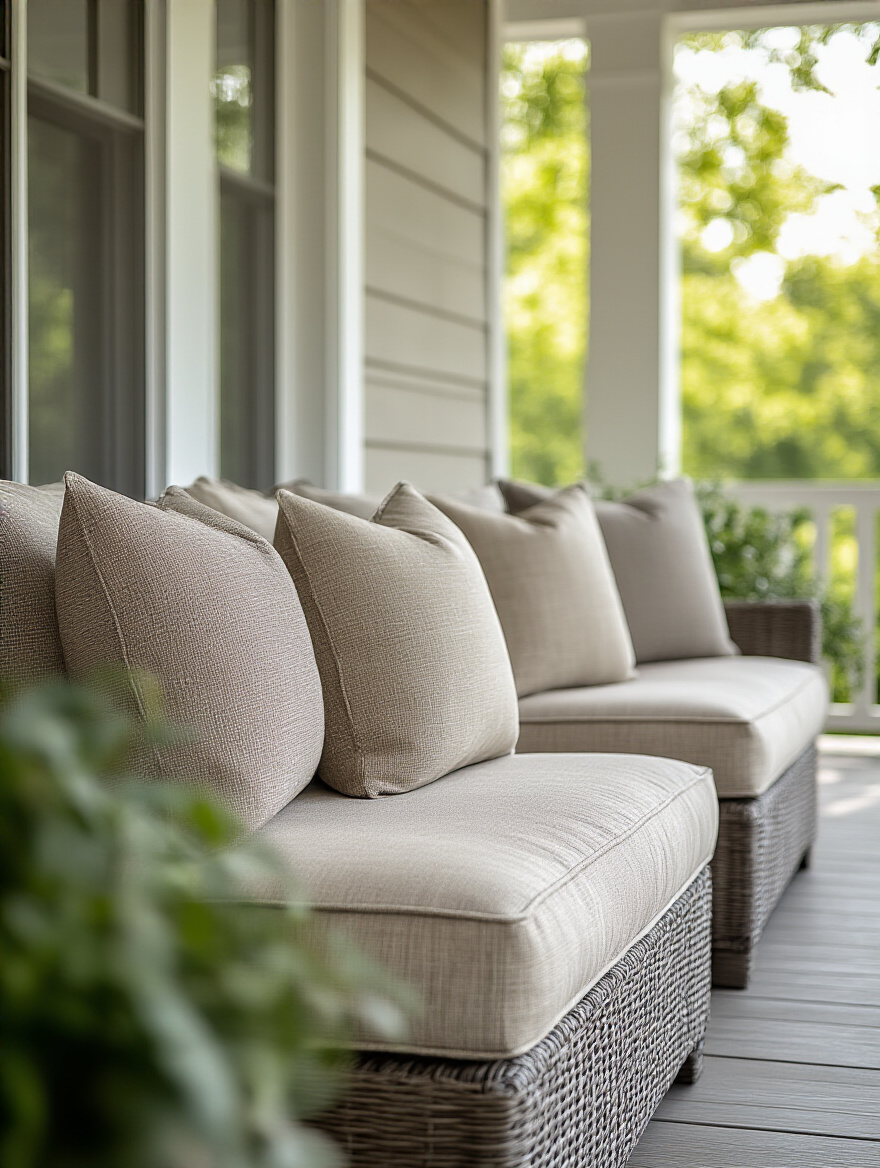 Back porch cushions made of durable, easy-to-clean outdoor fabrics on a wooden porch with natural daylight