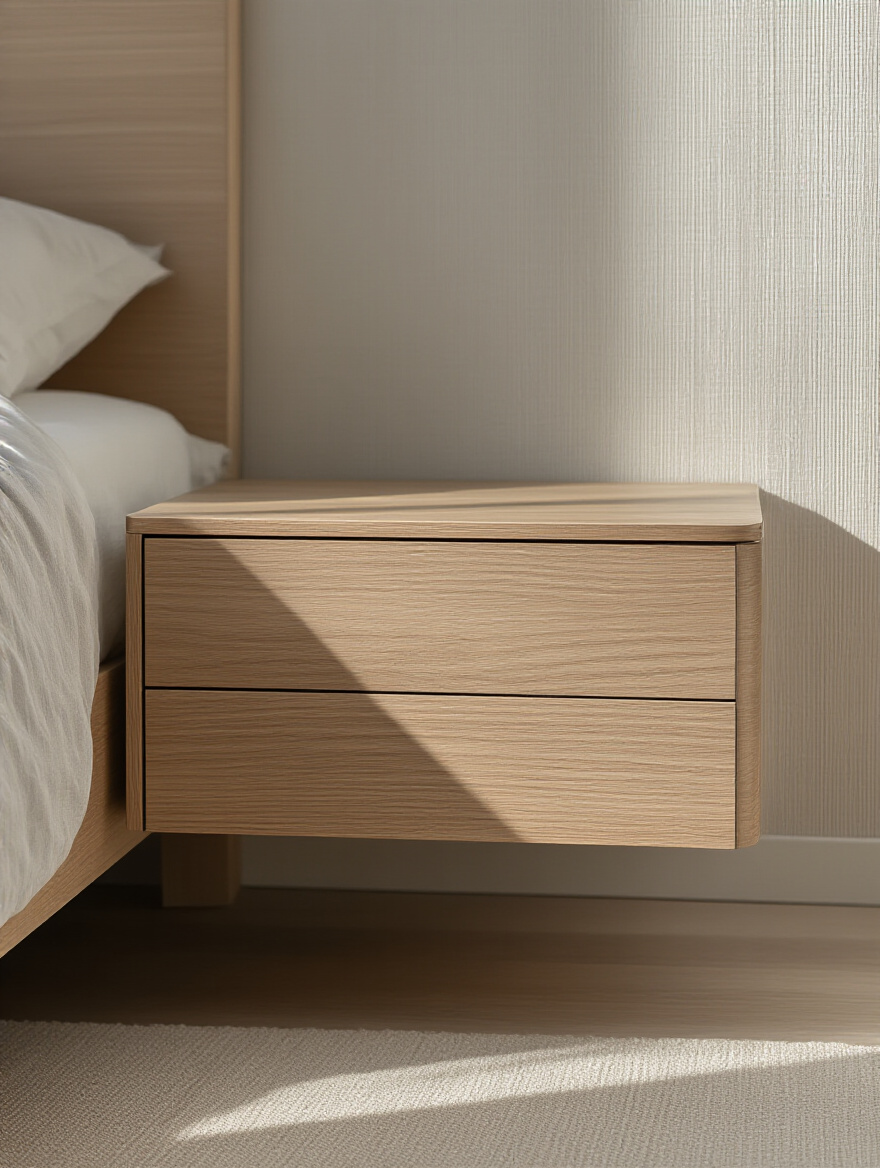 Modern bedroom with integrated floating nightstand and minimalist bed frame, showing clean lines and open floor space
