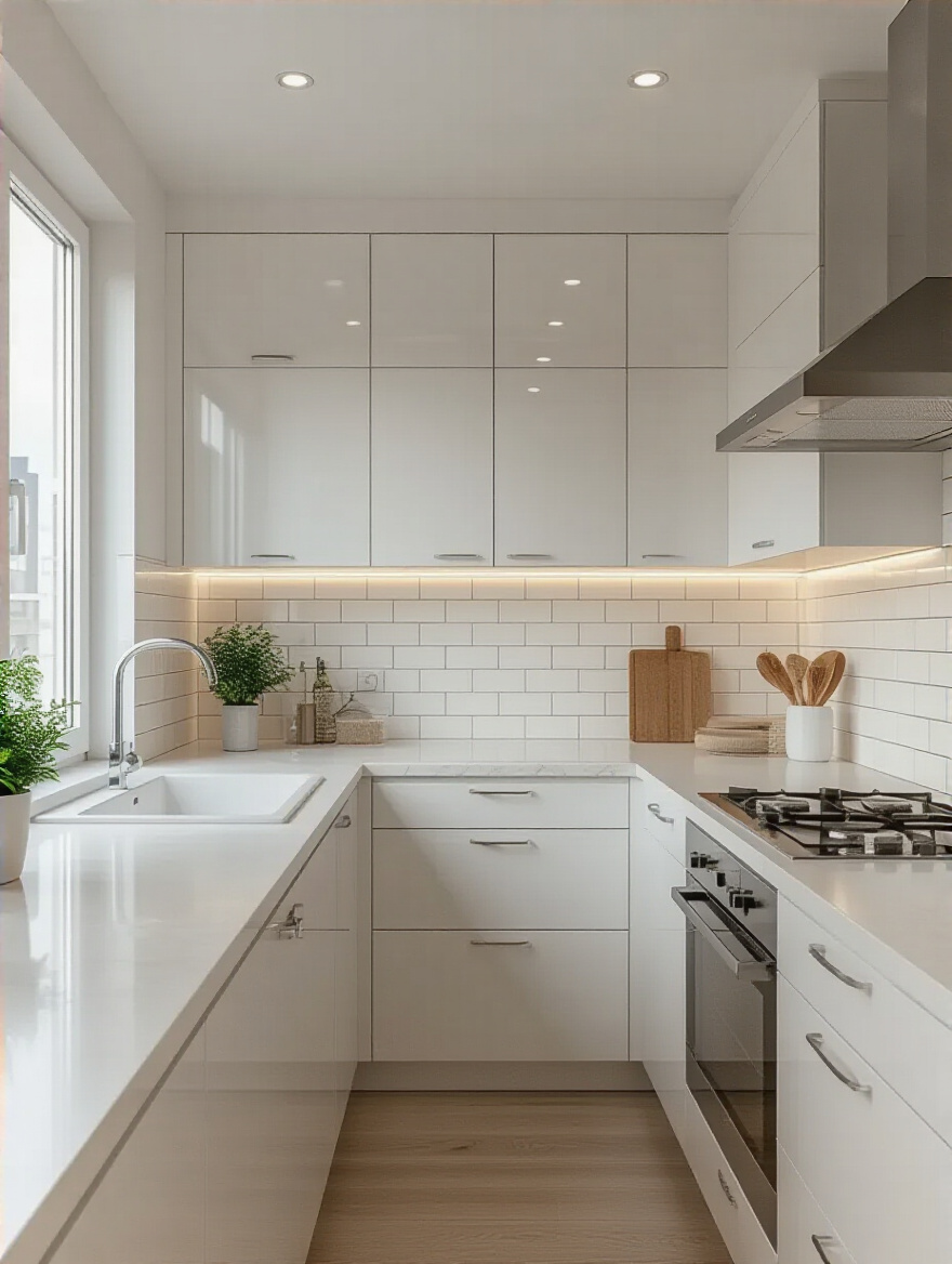 Vertical portrait shot of a bright small kitchen with white and pale grey walls, glossy backsplash, light wood cabinets, and polished countertops.