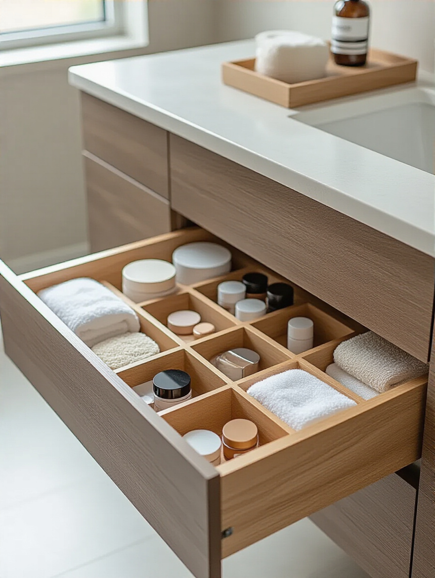 Modern bathroom vanity with open drawer showing built-in drawer organizers neatly storing toiletries and cosmetics in a small bathroom
