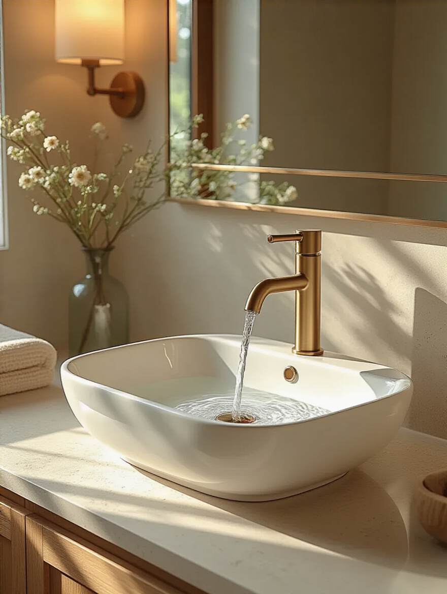 Deep undermount bathroom basin with centered faucet and contained water flow, showing minimal splash