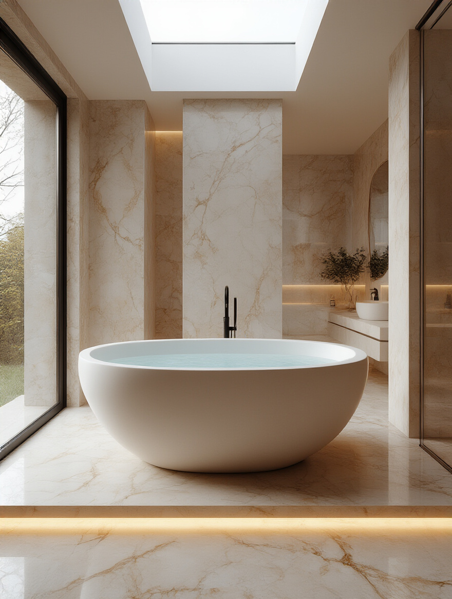 Luxurious bathroom with freestanding sculptural bathtub centerpiece under soft lighting