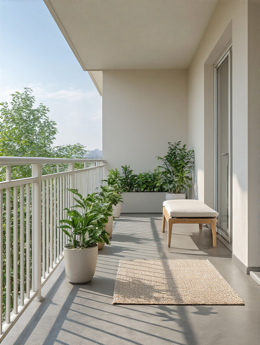 Pristine balcony corner after thorough cleaning, with sunlit railings and greenery.
