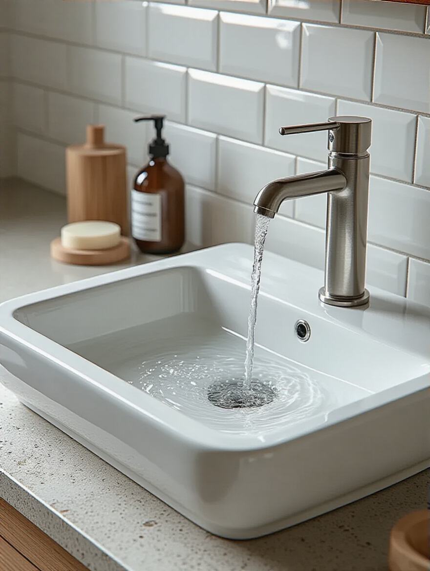 Close-up portrait of a fireclay sink with steam and water droplets showing thermal shock resistant materials in a modern bathroom